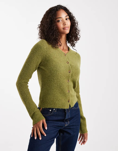  Asos Design V Neck Fitted Cardigan In Olive Green 