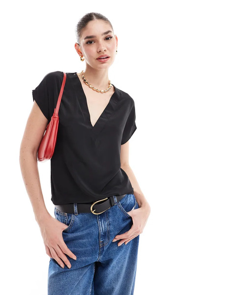  Asos Design V Neck Woven Tee In Black 