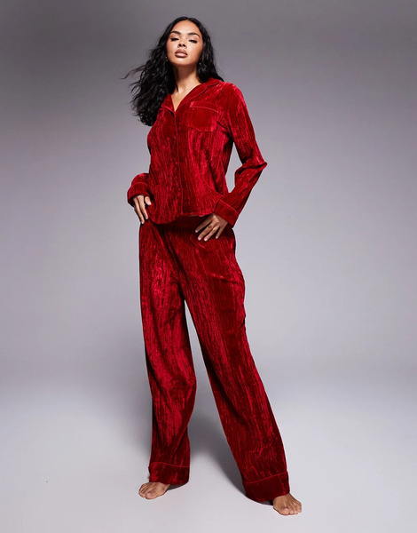 Asos Design Velvet Texture Pyjama Set In Red 