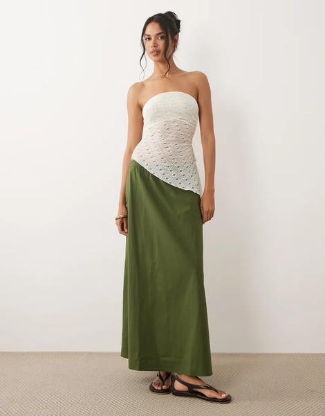  Asos Design Volume Maxi Skirt In Khaki Green 