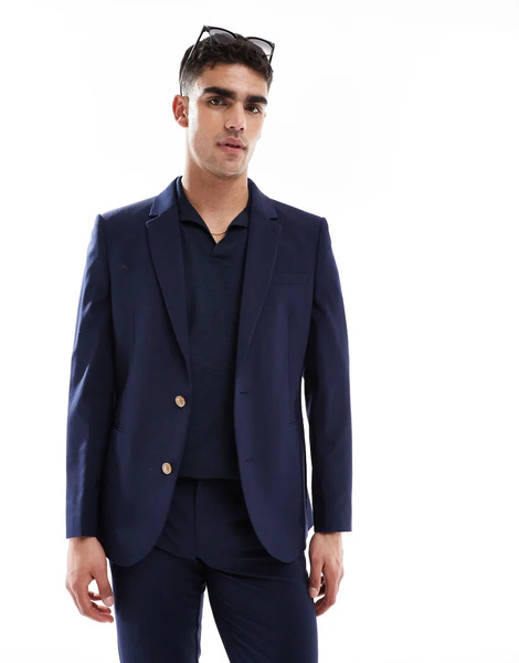  Asos Design Washable Slim Suit Jacket With Lightweight Worsted Wool In Navy 