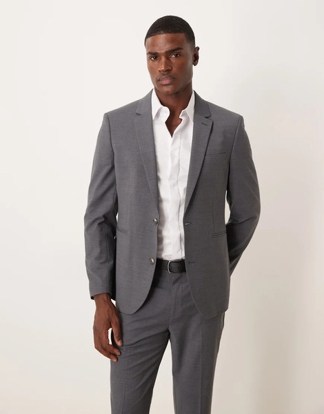  Asos Design Washable Wool Slim Suit Jacket In Charcoal Grey 