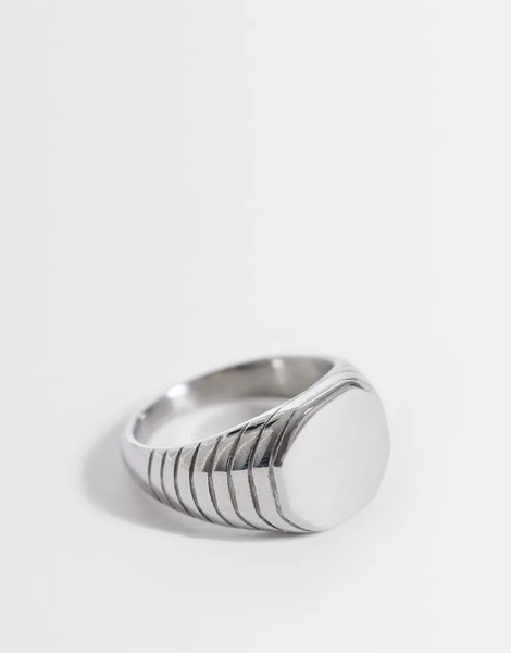  Asos Design Waterproof Stainless Steel Octagonal Signet Ring With Engraved Line Detail Edge In Silver 