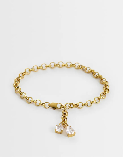  Asos Design Waterproof Stainless Steel Round Link Bracelet With Double Crystal Stone Pendant In Gold 