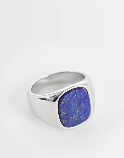  Asos Design Waterproof Stainless Steel Semi Precious Blue Lapis Rectangle Stone Signet Ring In Silver 