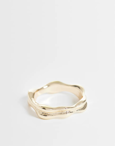  Asos Design Wavy Double Row Ring In Gold 