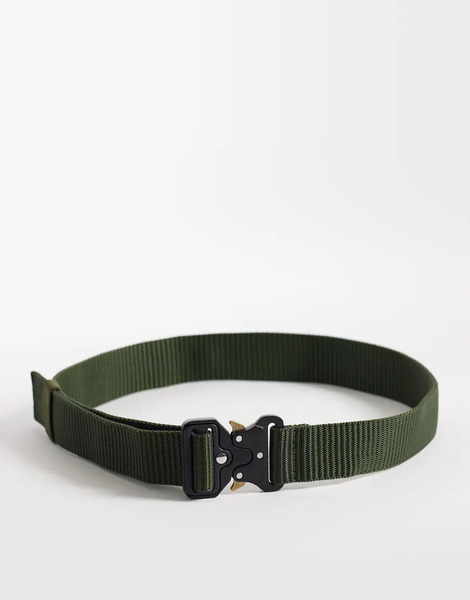  Asos Design Webbing Utility Belt With Statement Buckle In Khaki Green 