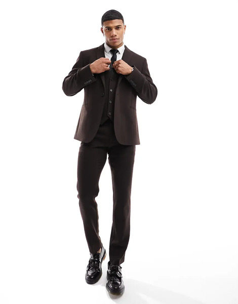  Asos Design Wedding Slim Wool Mix Suit Jacket In Dark Brown Basketweave Texture 