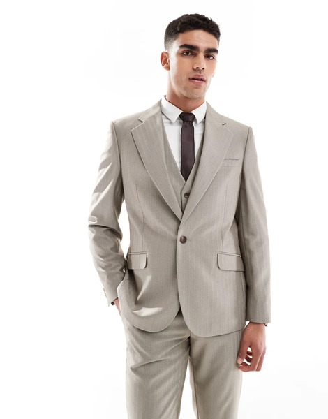  Asos Design Wedding Wool Mix Slim Suit Jacket In Brown Herringbone 