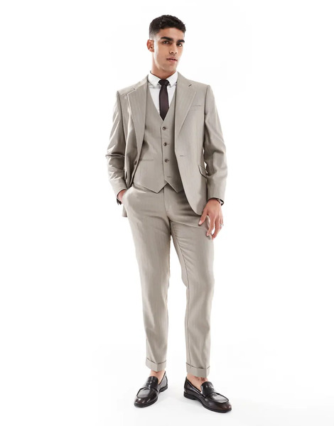  Asos Design Wedding Wool Mix Slim Suit Trousers In Brown Herringbone 