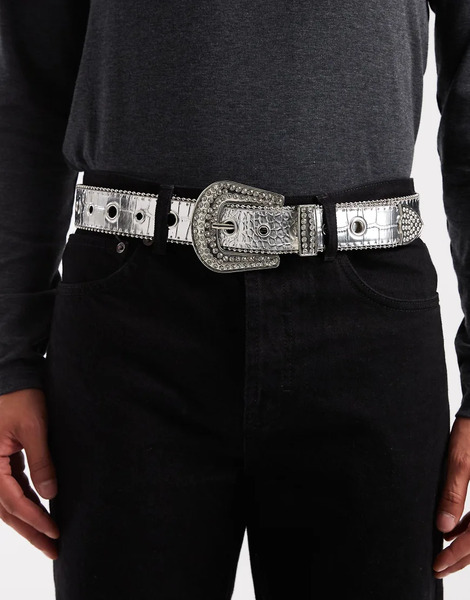 Asos Design Western Belt In Metallic Silver Faux Croc 