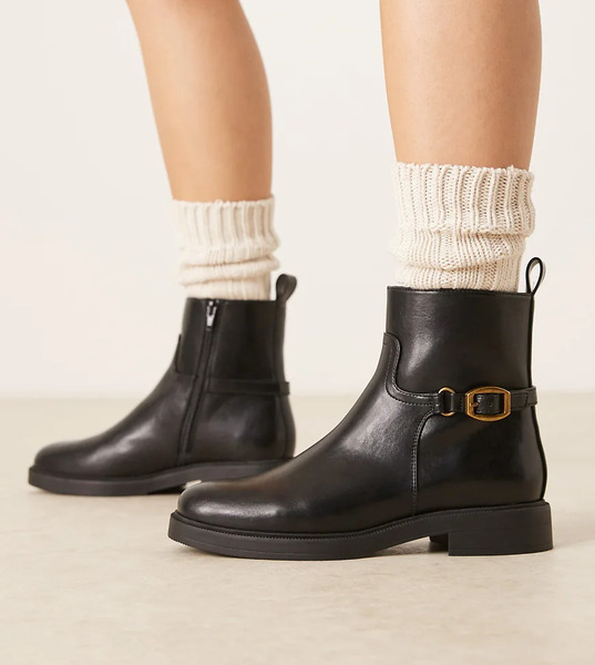  Asos Design Wide Fit Archie Flat Smart Ankle Boots With Buckle In Black 