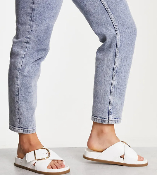  Asos Design Wide Fit Flash Buckle Cross Vamp Flat Sandals In White 