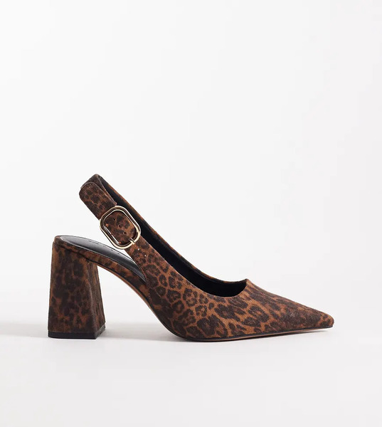  Asos Design Wide Fit Surrey Slingback Mid Block Heels In Leopard Suedette Multi 