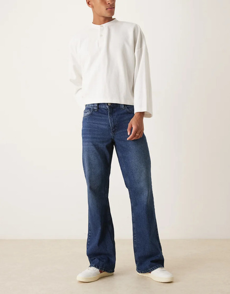  Asos Design Wide Flare Jeans In Dark Wash Blue 