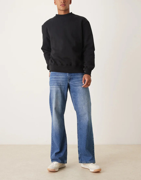  Asos Design Wide Flare Jeans In Mid Wash Blue 