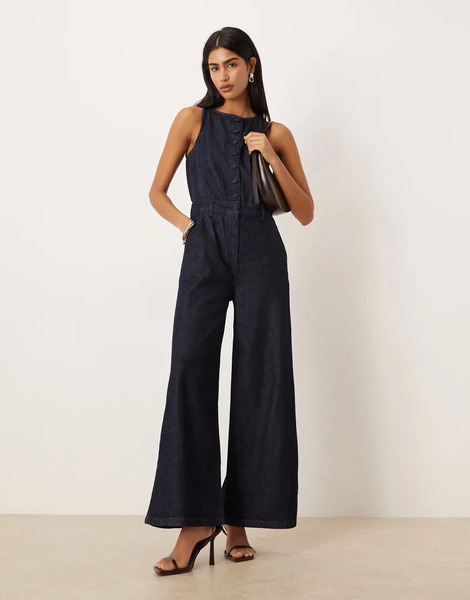  Asos Design Wide Leg Denim Jumpsuit With Button Front In Rinse Blue 