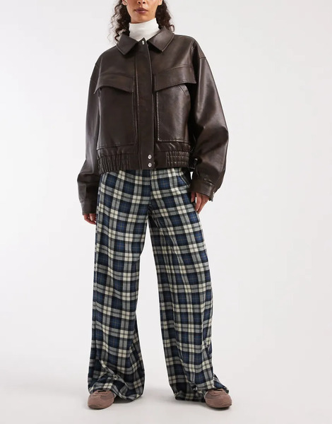 Asos Design Wide Leg Pull On Trouser In Brushed Check Multi 