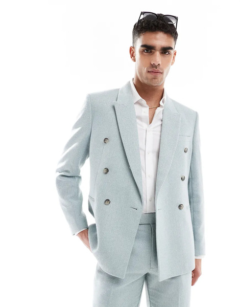  Asos Design Wool Blend Double Breasted Regular Suit Jacket In Light Blue Basketweave 