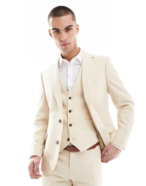  Asos Design Wool Blend Skinny Suit Jacket In Stone Weave Neutral 
