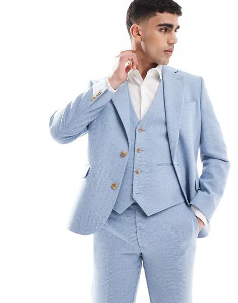  Asos Design Wool Blend Slim Suit Jacket In Blue Weave 