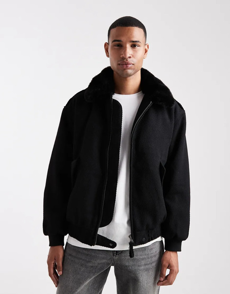  Asos Design Wool Look Bomber Jacket With Faux Fur Collar In Black 