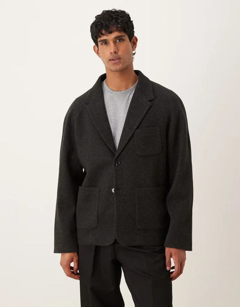  Asos Design Wool Look Boxy Blazer In Dark Grey Brown 