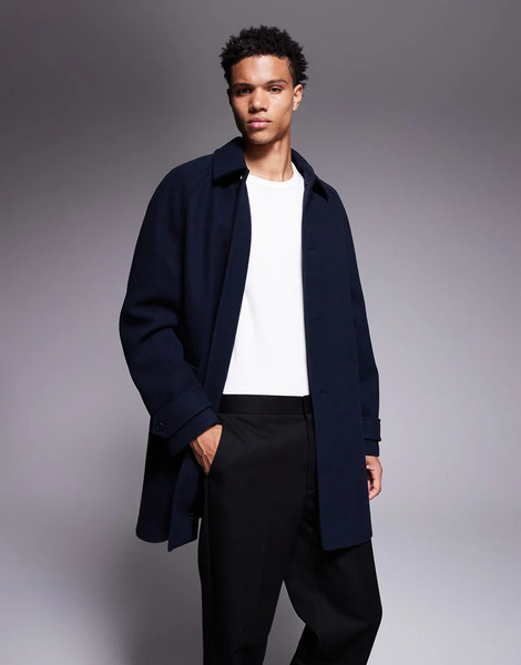  Asos Design Wool Look Coat In Navy 