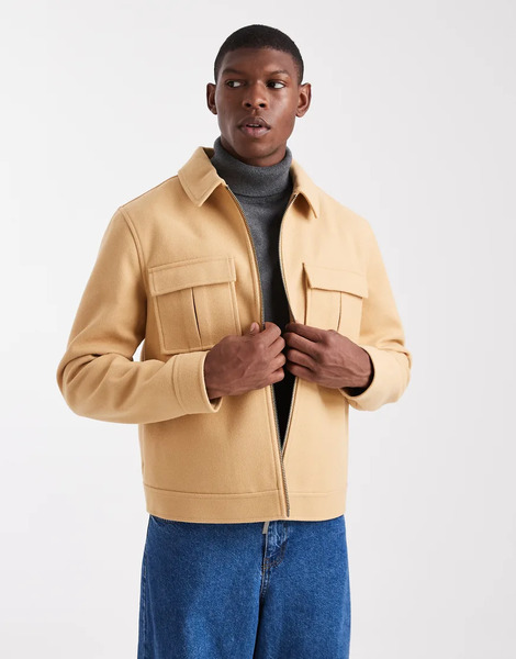  Asos Design Wool Look Harrington Jacket With Pleated Pockets In Camel Neutral 