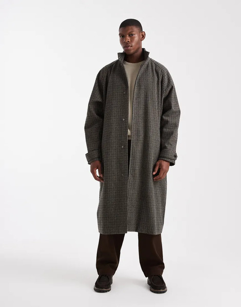  Asos Design Wool Look Long Length Overcoat In Check Grey 