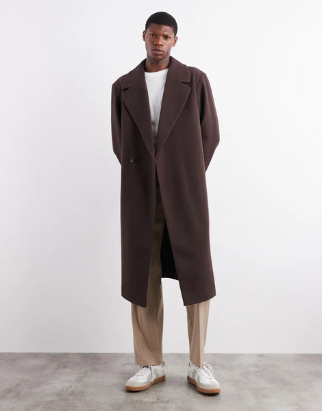  Asos Design Wool Look Longline Coat In Dark Brown 