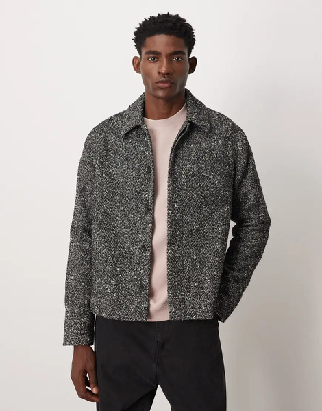  Asos Design Wool Look Shacket In Black Herringbone 