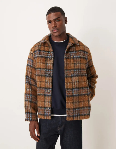  Asos Design Wool Look Shacket In Brown Check 
