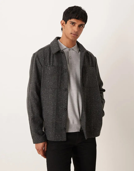  Asos Design Wool Look Shacket In Charcoal Herringbone Grey 