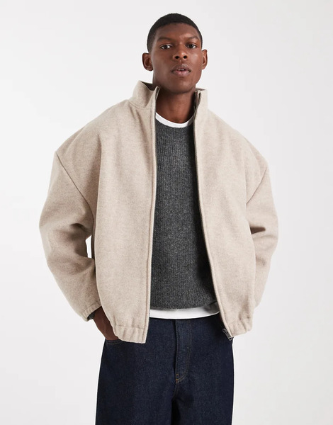  Asos Design Wool Look Track Jacket In Stone Neutral 