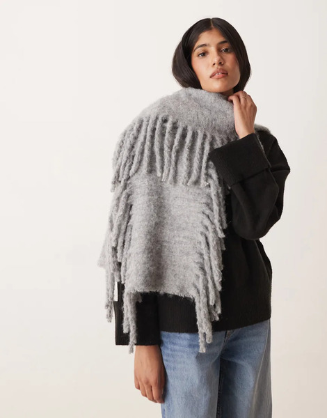  Asos Design Wool Mix Fringe Scarf In Grey Multi 