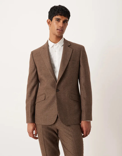  Asos Design Wool Mix Slim Suit Jacket In Brown Check 
