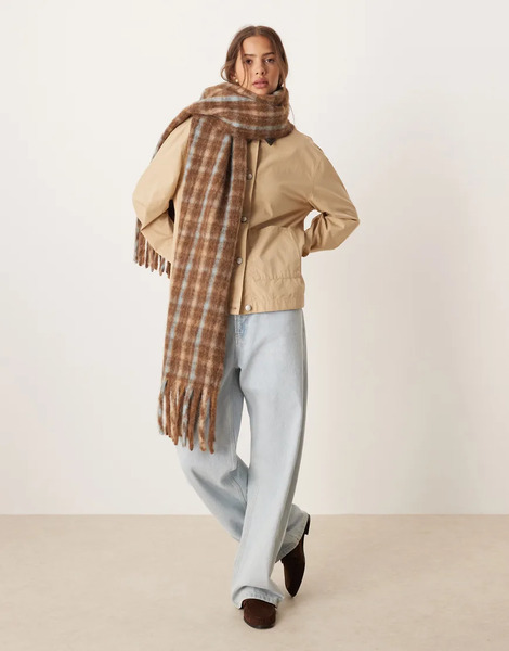  Asos Design Woven Check Scarf In Chocolate With Pale Blue Multi 