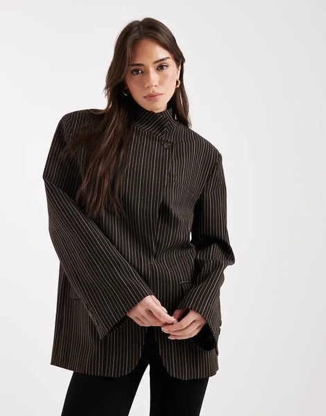  Asos Design Wrap Front Oversized Blazer In Brown Pinstripe 