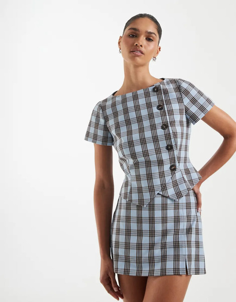  Asos Design Wrap Front Tailored Top In Blue Check 