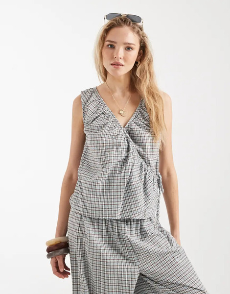  Asos Design Wrap Over Tie Side Co Ord Top In Check Multi 