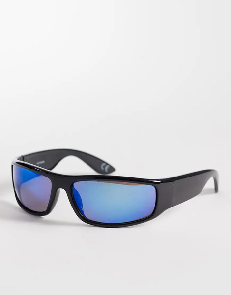  Asos Design Wrap Sunglasses In Black Frame With Reflective Blue Lens 