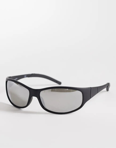  Asos Design Wrap Sunglasses In Black Matte Frame With Mirror Lens 