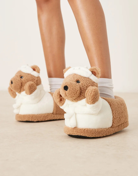  Asos Design Zemi Teddy Bear Robe Slipper In Tan Borg Brown 