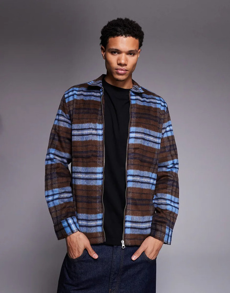  Asos Design Zip Through Overshirt In Brown Check 