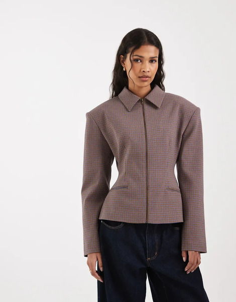  Asos Design Zip Up Cinch Tailored Jacket In Micro Check Multi 