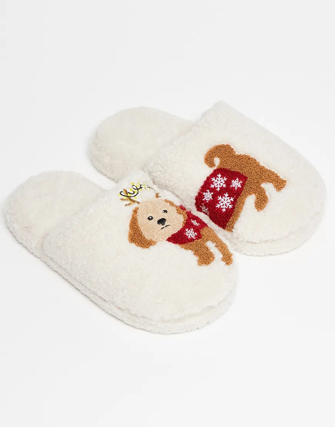  Asos Design Zizi Embroidered Cavapoo Slipper In Cream Borg White 