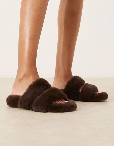  Asos Design Zoey Double Strap Mule Slipper In Chocolate Brown 