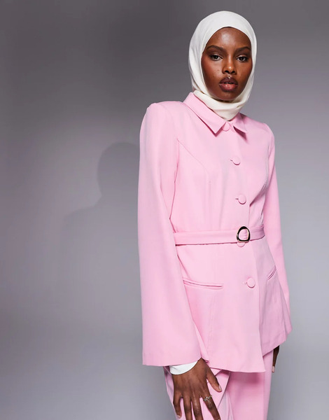  Asos Luxe Co Ord Collared Button Down Blazer With Belt In Pink 