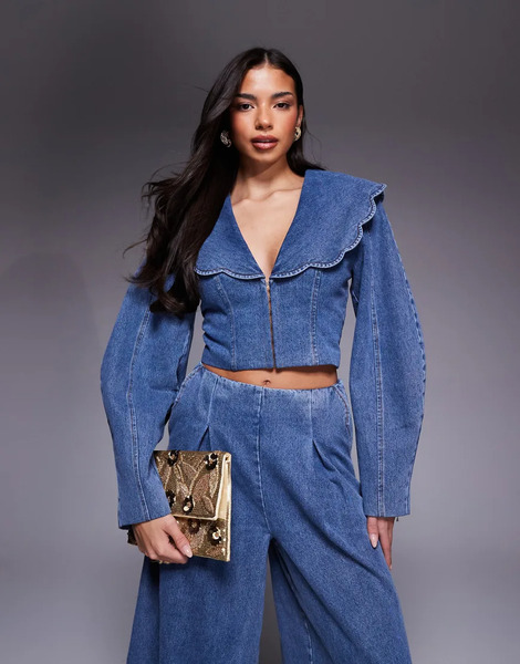  Asos Luxe Co Ord Denim Cropped Blazer With Oversized Collar In Mid Blue 